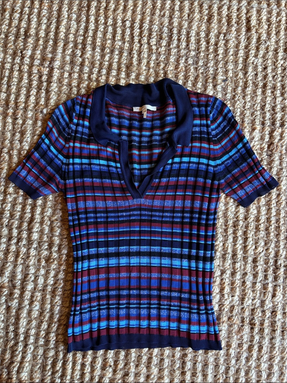 Maje Striped Knit Polo Sweater Striped Metallic